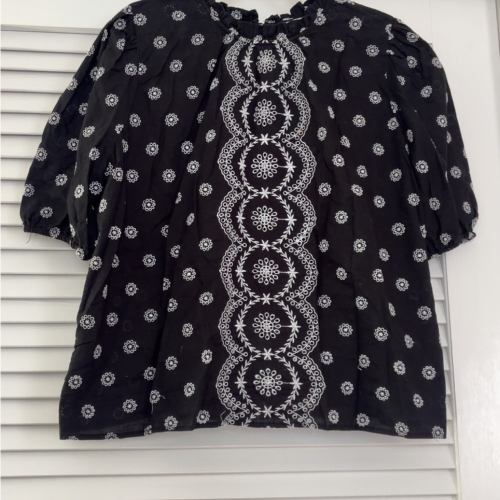 LOFT Embroidered Black Peasant Blouse with White Floral Motif
